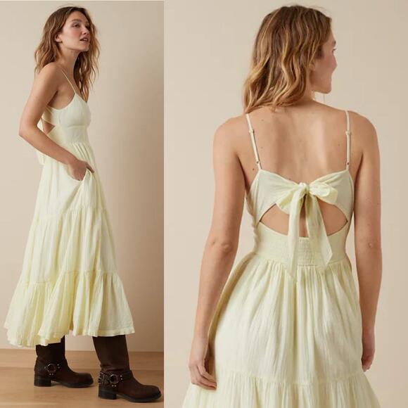 American Eagle Tiered maxi Dress tie back yellow Sz L Boho chic Milkmaid Prairie - Picture 5 of 10